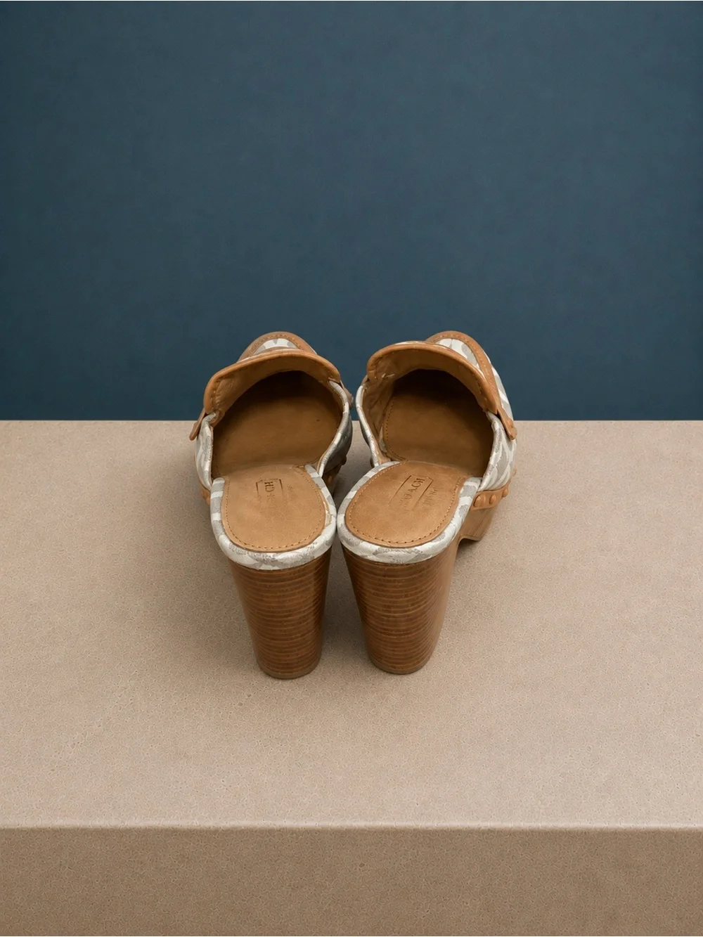 Coach Tan & Cream Signature Canvas Clog Heels Size 6.5